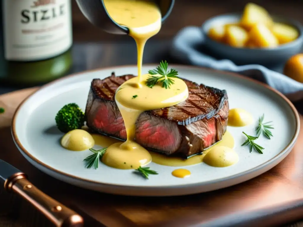 Un chef francés experto sirviendo salsa Béarnaise sobre un filete, en una cocina tradicional