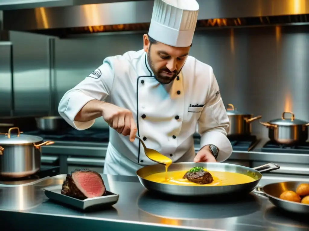 Un chef francés experto sirviendo salsa Béarnaise sobre filete en restaurante parisino