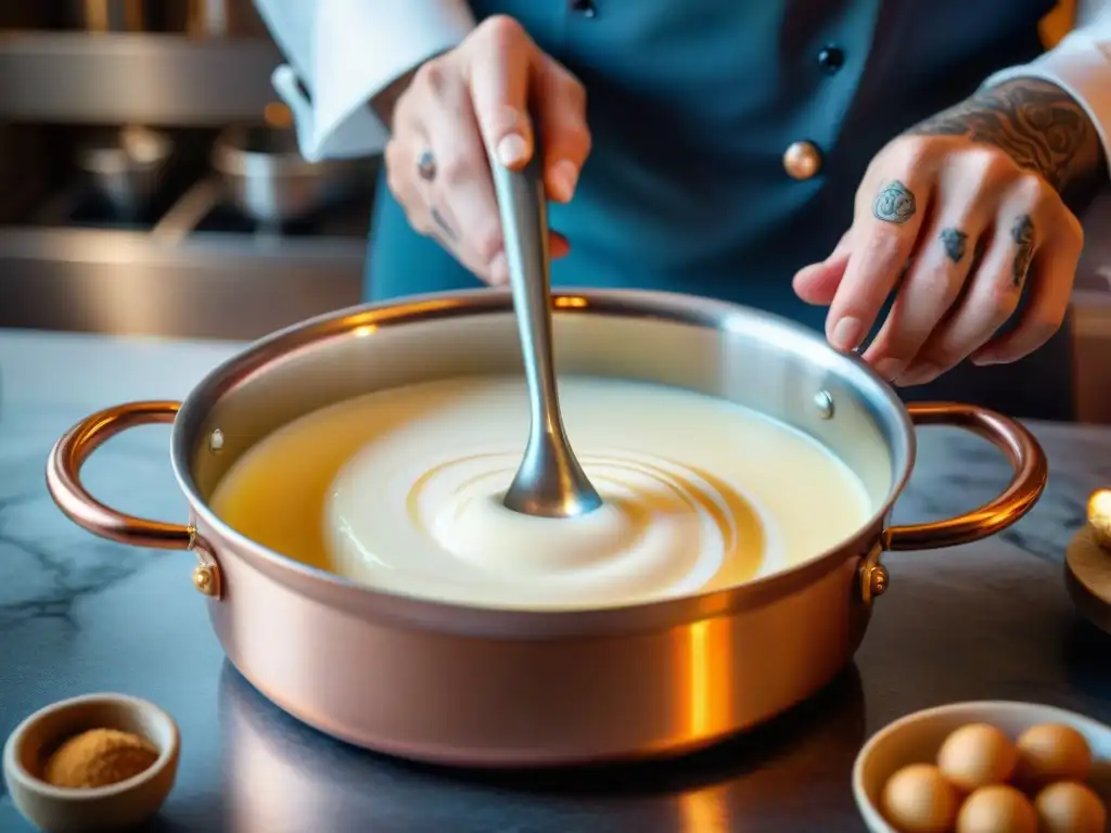 Un chef francés experto batiendo una salsa bechamel cremosa en una cacerola de cobre brillante