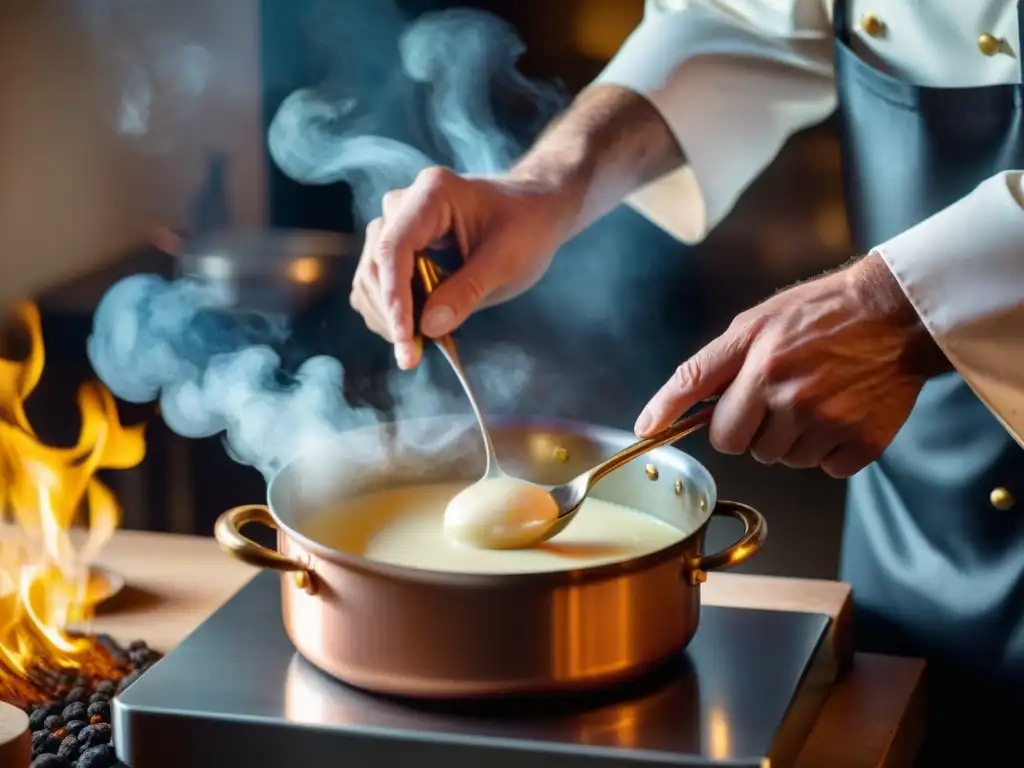 Un chef francés experto batiendo una salsa bechamel en una cacerola de cobre, destacando la técnica para cocinar salsas francesas tradicionales