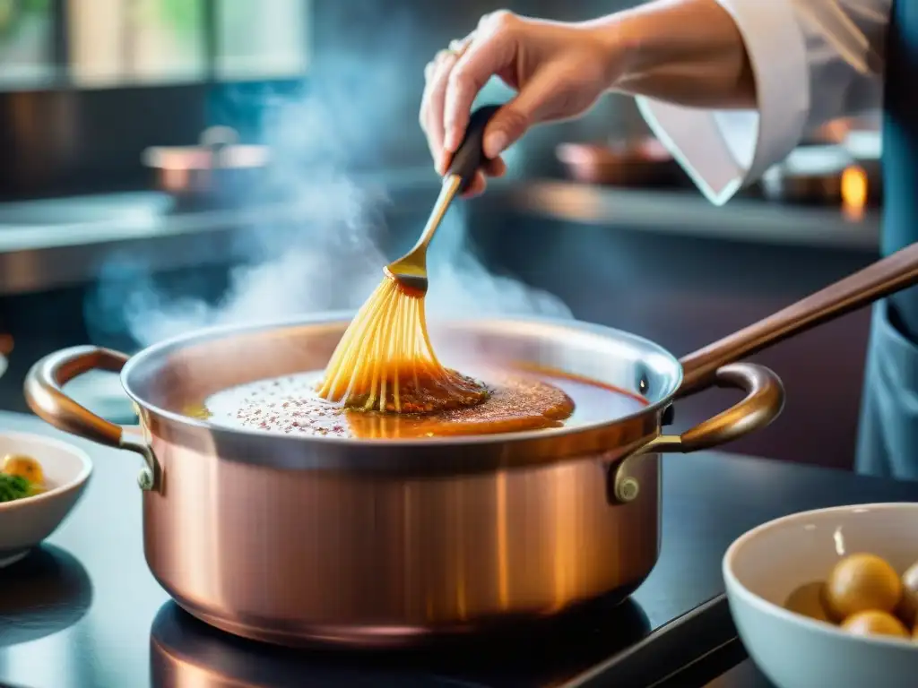 Un chef francés experto reduce una salsa en una cacerola de cobre, mostrando la filosofía culinaria francesa de reducción