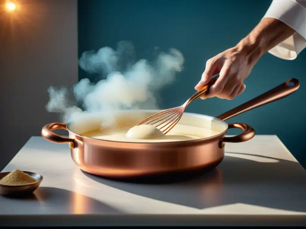 Un chef francés experto preparando una salsa bechamel cremosa en una cacerola de cobre