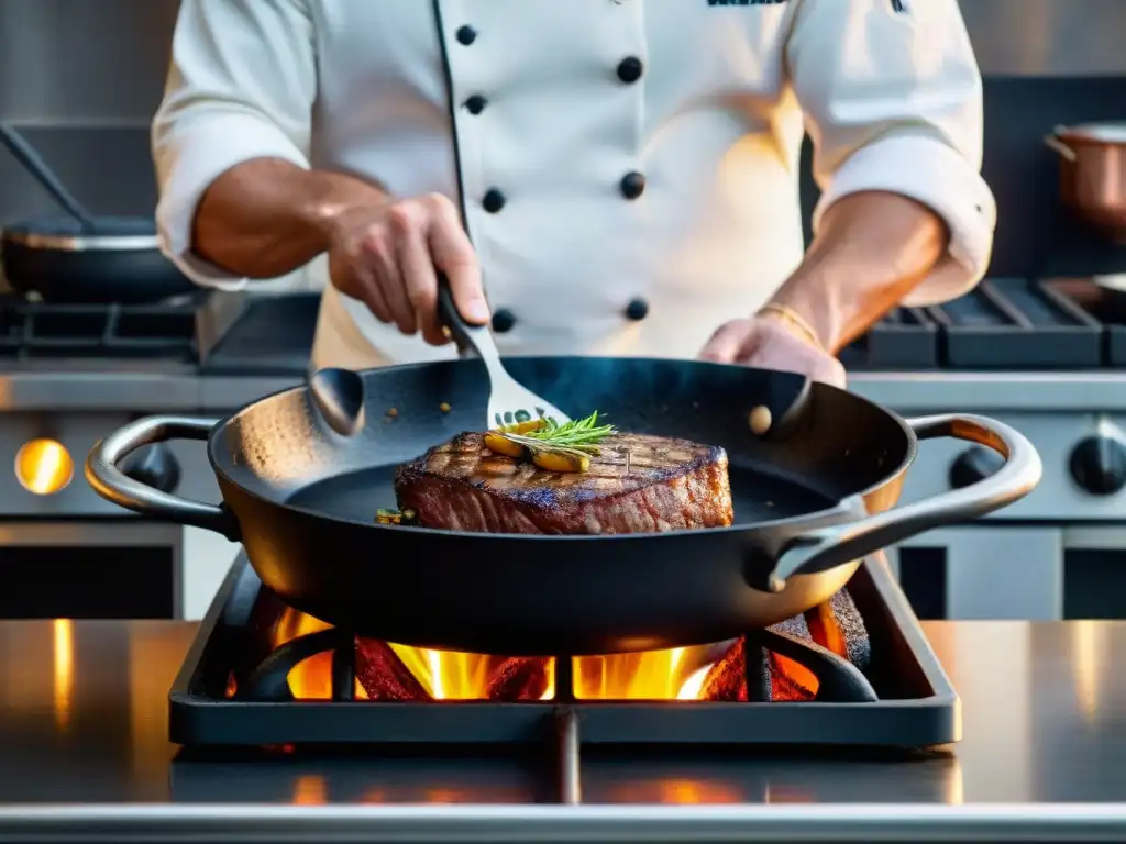 Un chef francés experto en sartenes de hierro fundido cocina un filete con maestría en una cocina tradicional francesa