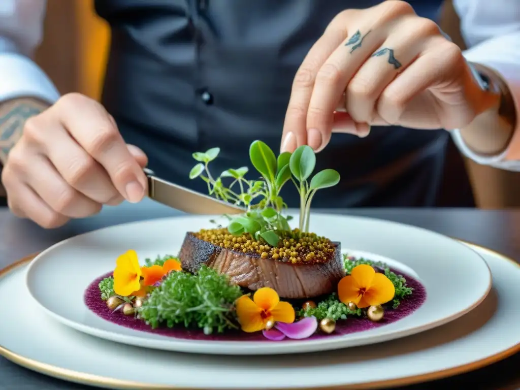 Un chef francés experto revela los secretos en la presentación de platos franceses con microgreens, flores comestibles y pan de oro