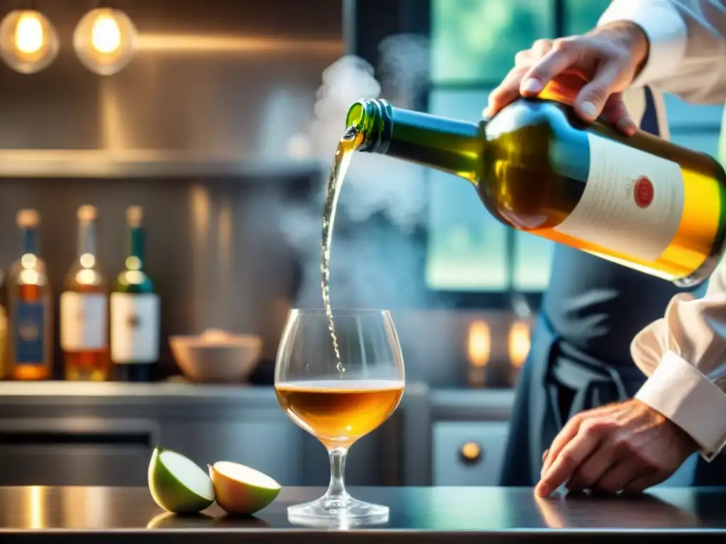 Un chef francés experto sirviendo sidras francesas en alta cocina