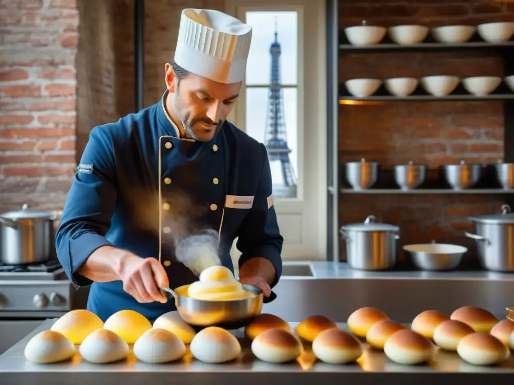 Un chef francés experto elabora un soufflé en una cocina parisina