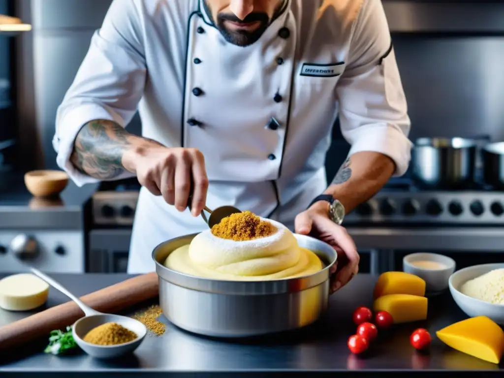 Un chef francés experto preparando un soufflé vegano en una cocina profesional, fusionando tradición e innovación culinaria