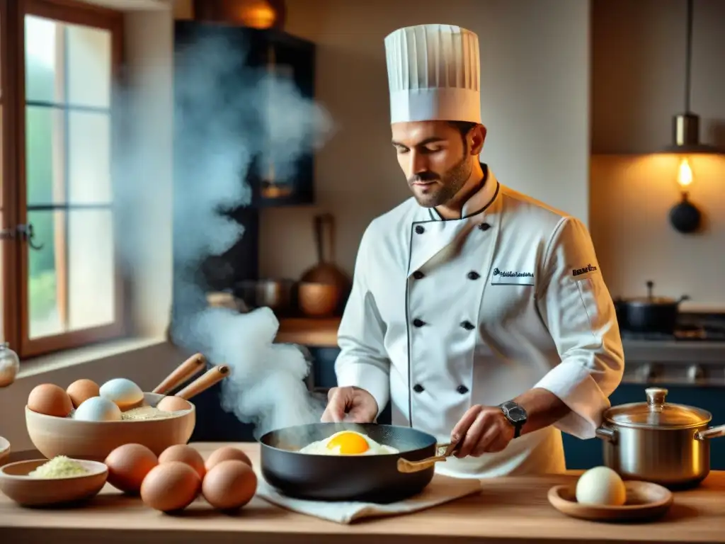 Un chef francés experto elaborando un soufflé con pasión y precisión en una cocina tradicional francesa