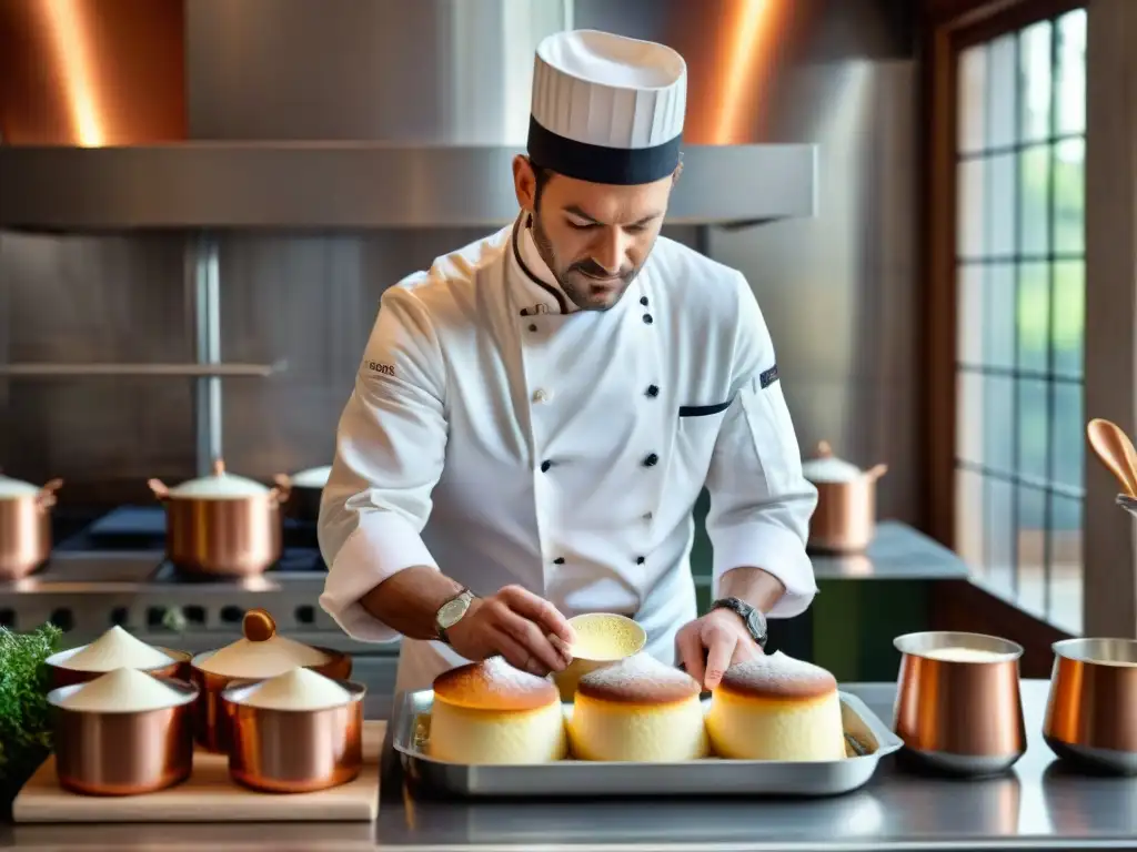 Un chef francés experto prepara un soufflé en una cocina parisina