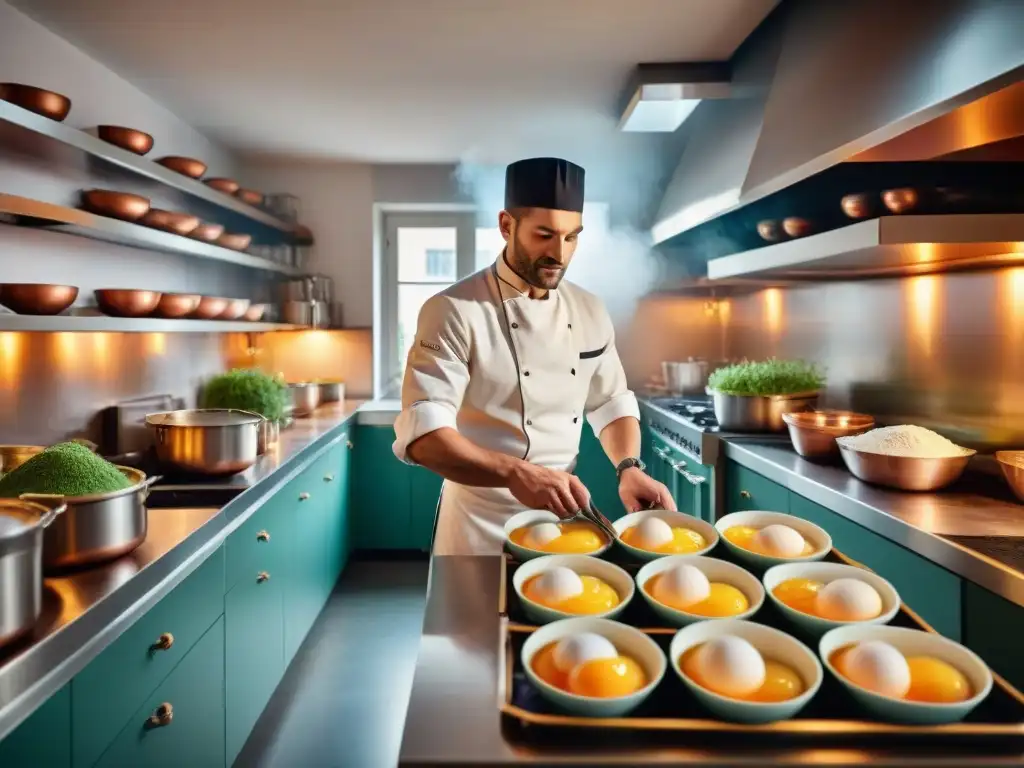 Un chef francés experto crea un soufflé en una cocina parisina