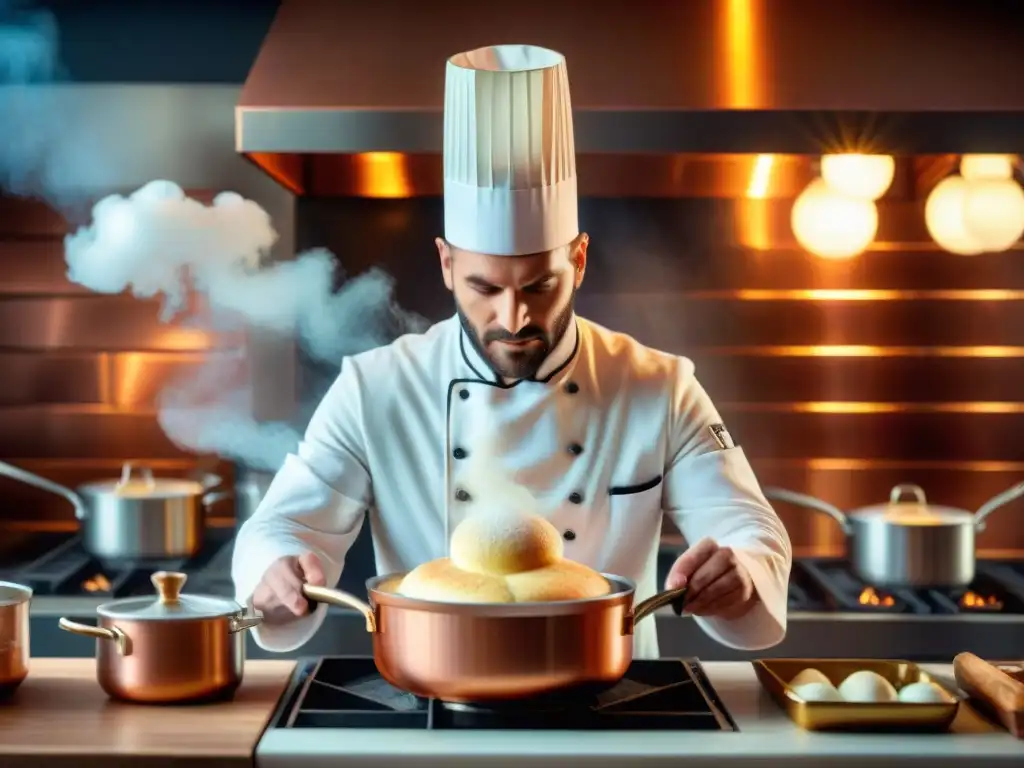 Un chef francés experto elaborando un soufflé en una cocina clásica francesa