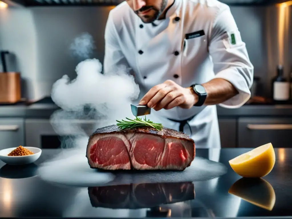 Un chef francés experto en técnica sous vide cocina francesa sellando al vacío un filete perfectamente marmoleado en una cocina elegante y precisa