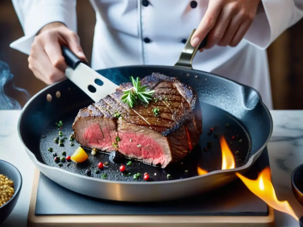 Un chef francés experto sellando un Steak au Poivre en una sartén caliente, creando una atmósfera culinaria llena de maestría y tradición francesa