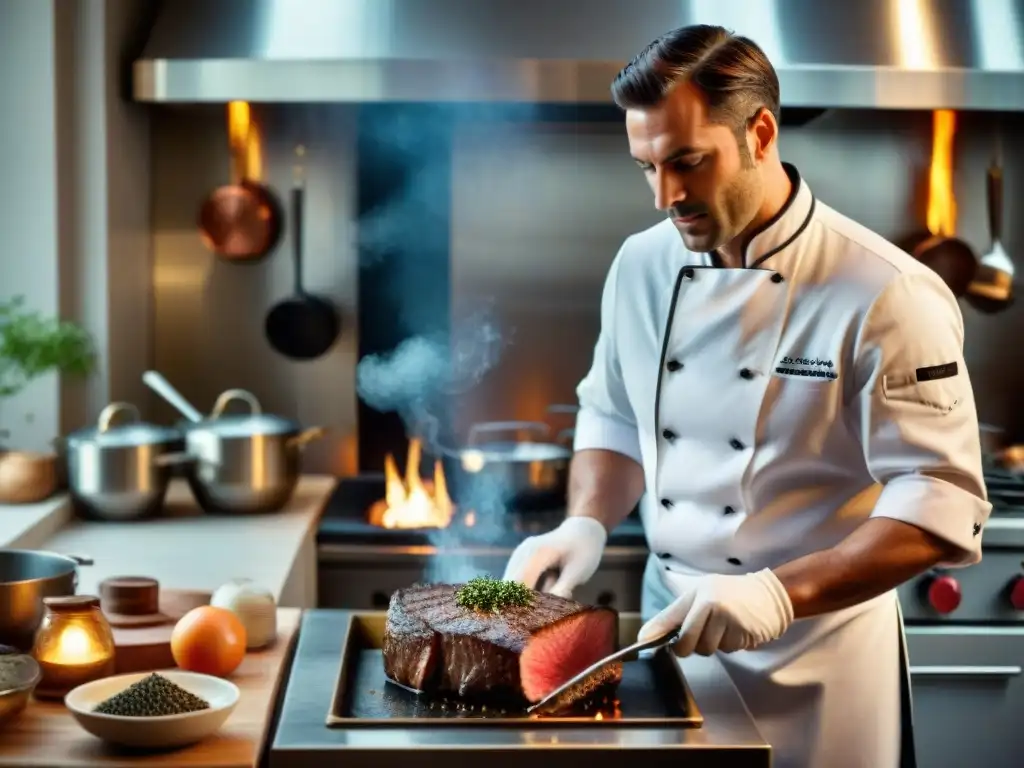 Un chef francés experto sella un steak au poivre en una cocina tradicional francesa