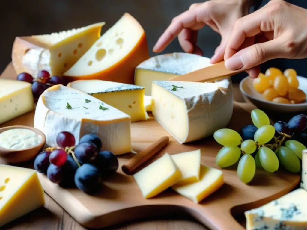 Un chef francés experto preparando una tabla de quesos con Brie, Camembert, Roquefort y Comté en una cocina moderna