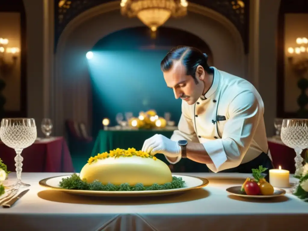 Un chef francés experto talla mantequilla en una mesa de banquetes francesa con detalle y precisión, creando una escena sofisticada