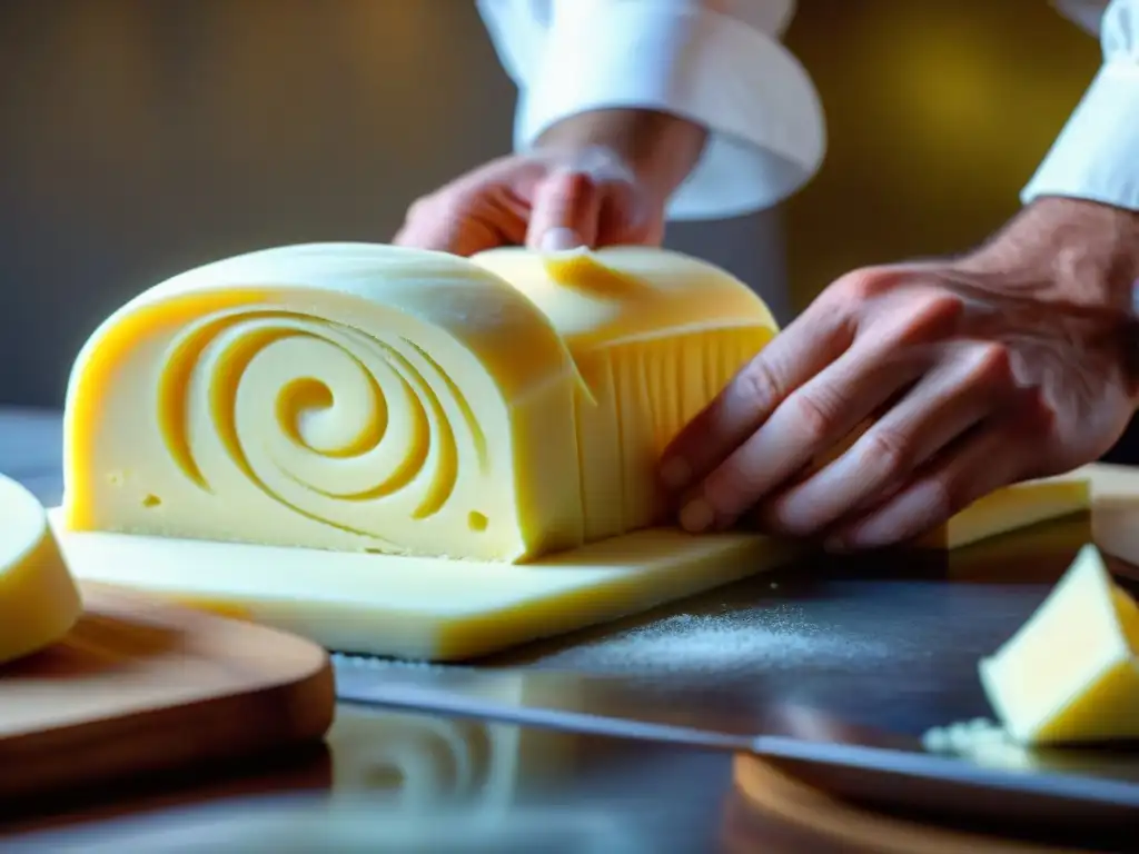 Un chef francés experto talla con precisión una hermosa mantequilla en una mesa de banquete, destacando la artesanía culinaria francesa