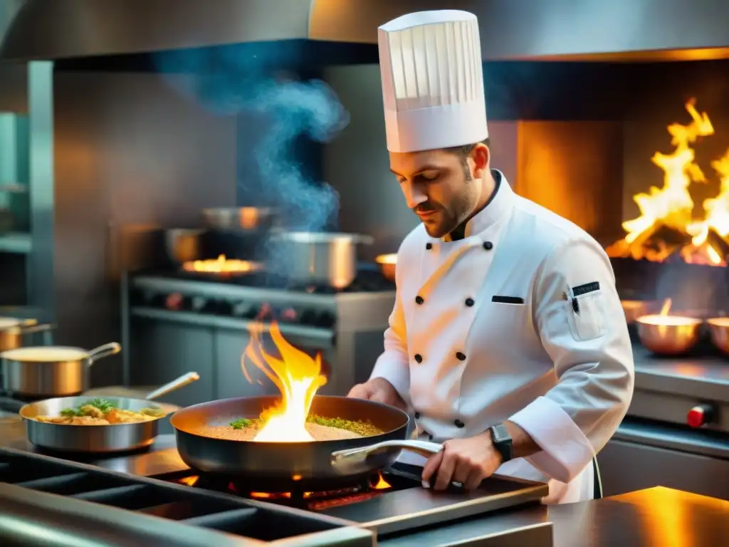 Un chef francés experto en la técnica del flambado en Francia, creando una explosión de llamas en la cocina tradicional