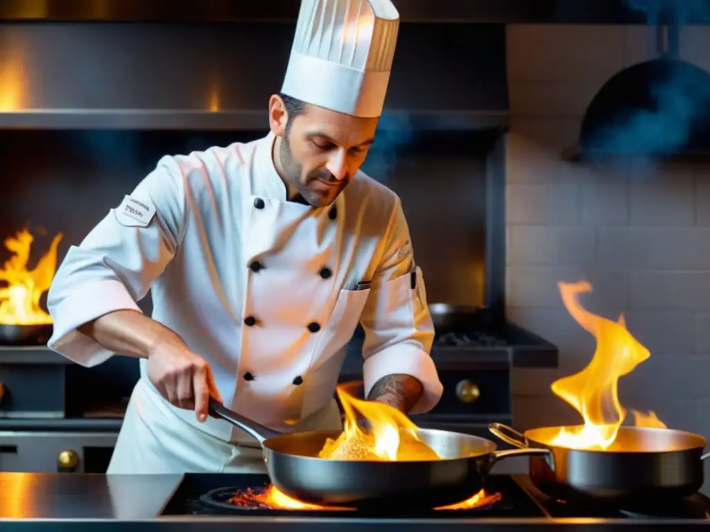 Un chef francés experto ejecuta la técnica del flambé en una cocina tradicional