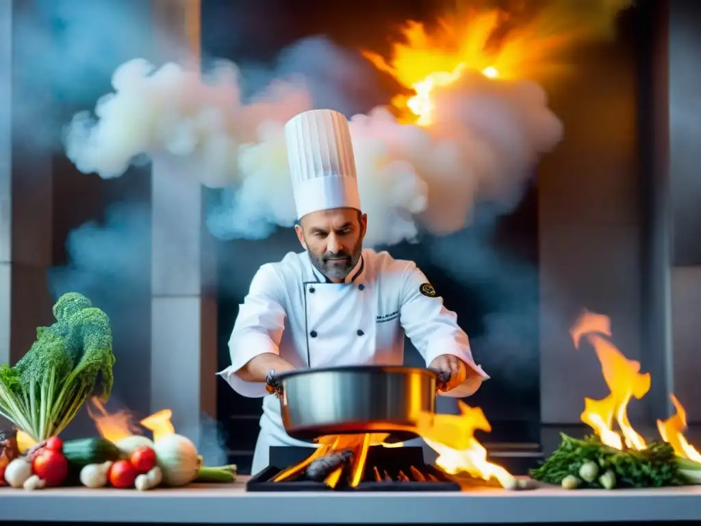 Un chef francés experto en técnicas culinarias, salteando vegetales con destreza sobre una llama intensa