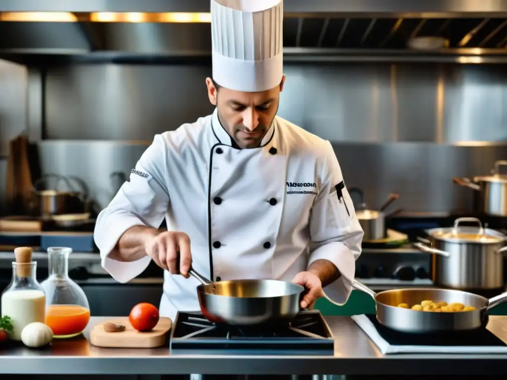 Un chef francés experto en Técnicas de cocina francesa avanzadas prepara con precisión un plato complejo