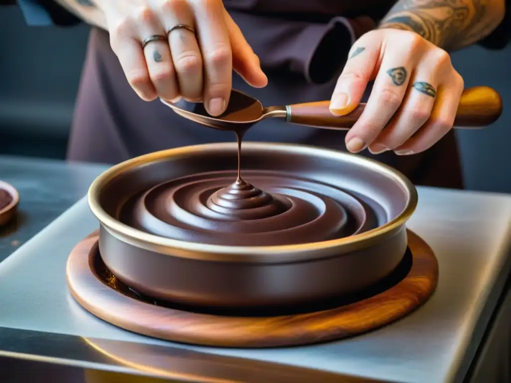 Un chef francés experto en técnicas avanzadas de chocolate francés postres, temperando chocolate oscuro en un bol de cobre