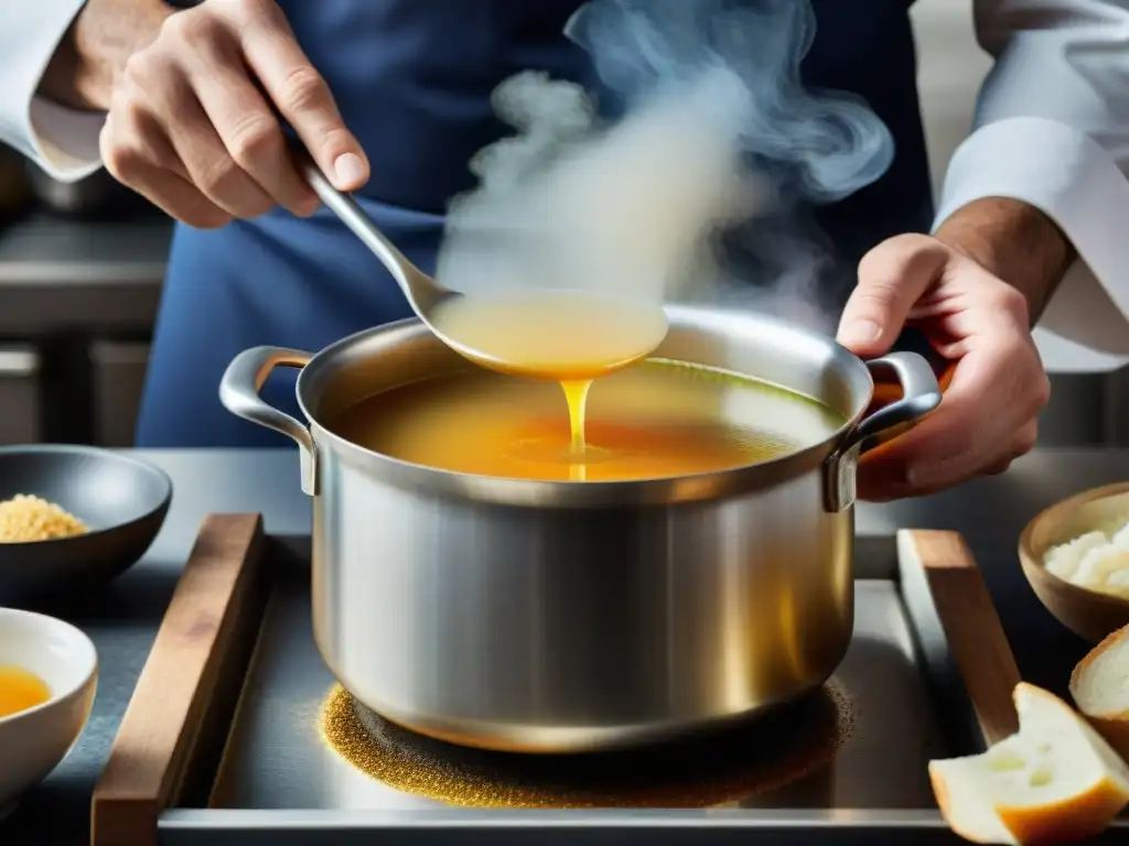 Un chef francés experto en técnicas caldos franceses sabor excepcional, retirando impurezas de un caldo de carne dorado