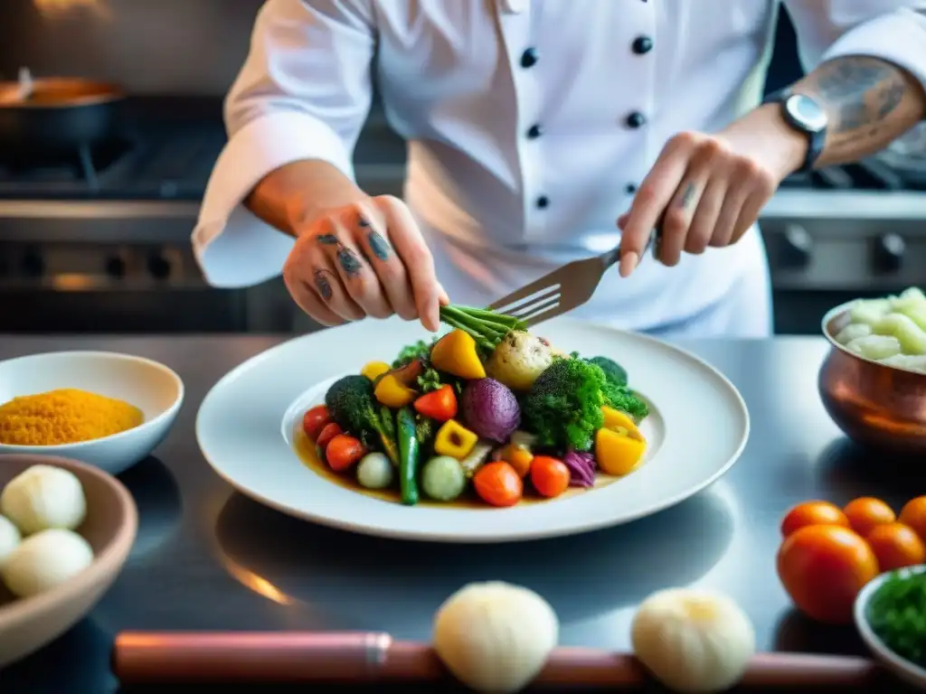 Un chef francés experto en técnicas de cocina al vapor arregla con precisión verduras frescas sobre un plato blanco en una cocina francesa tradicional