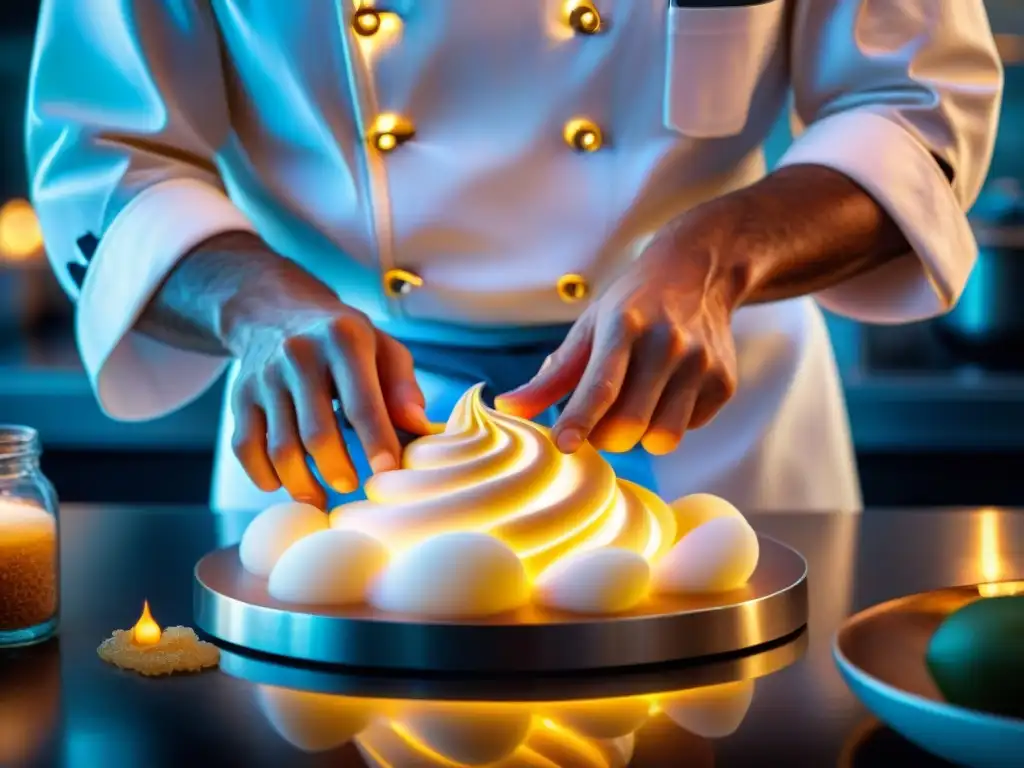 Un chef francés experto en técnicas básicas de cocina francesa moldea una escultura de azúcar delicada en una cocina moderna y elegante