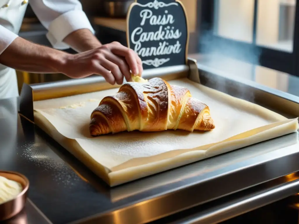 Chef francés experto en técnicas básicas de cocina francesa elaborando un croissant dorado en una cocina parisina