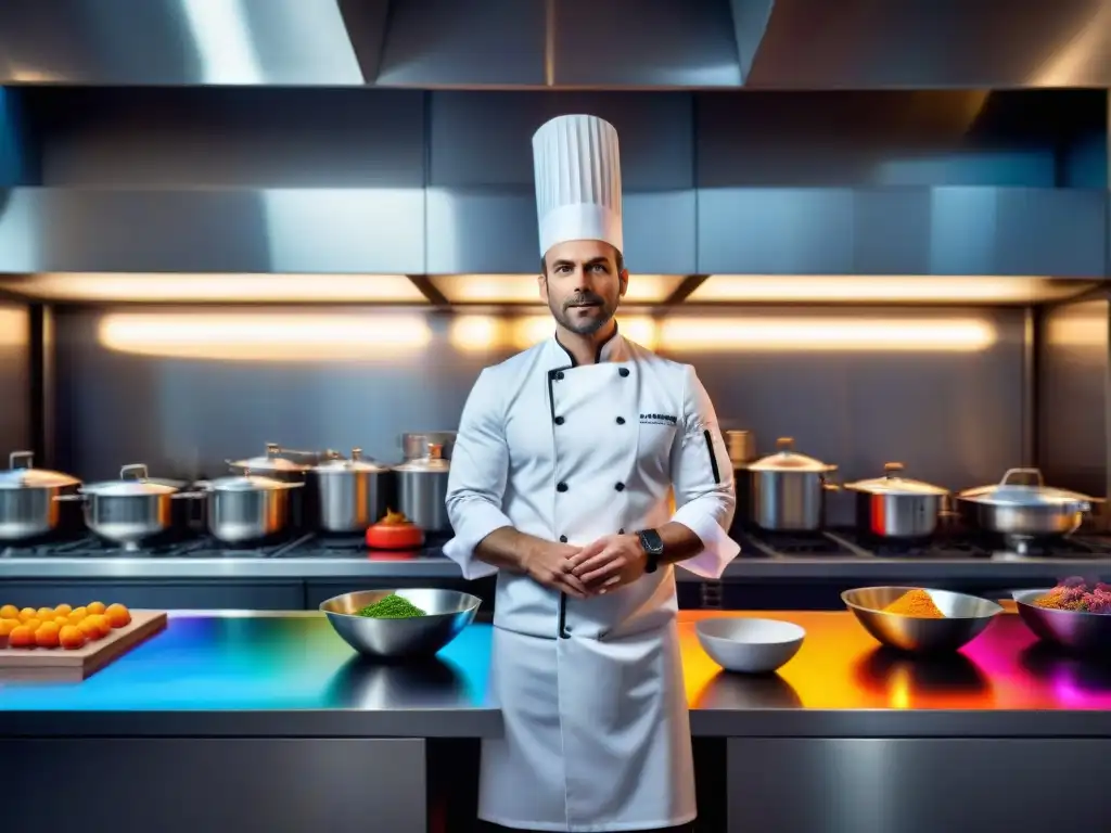 Un chef francés experto en técnicas de cocina molecular creando platos avanzados en su laboratorio culinario moderno