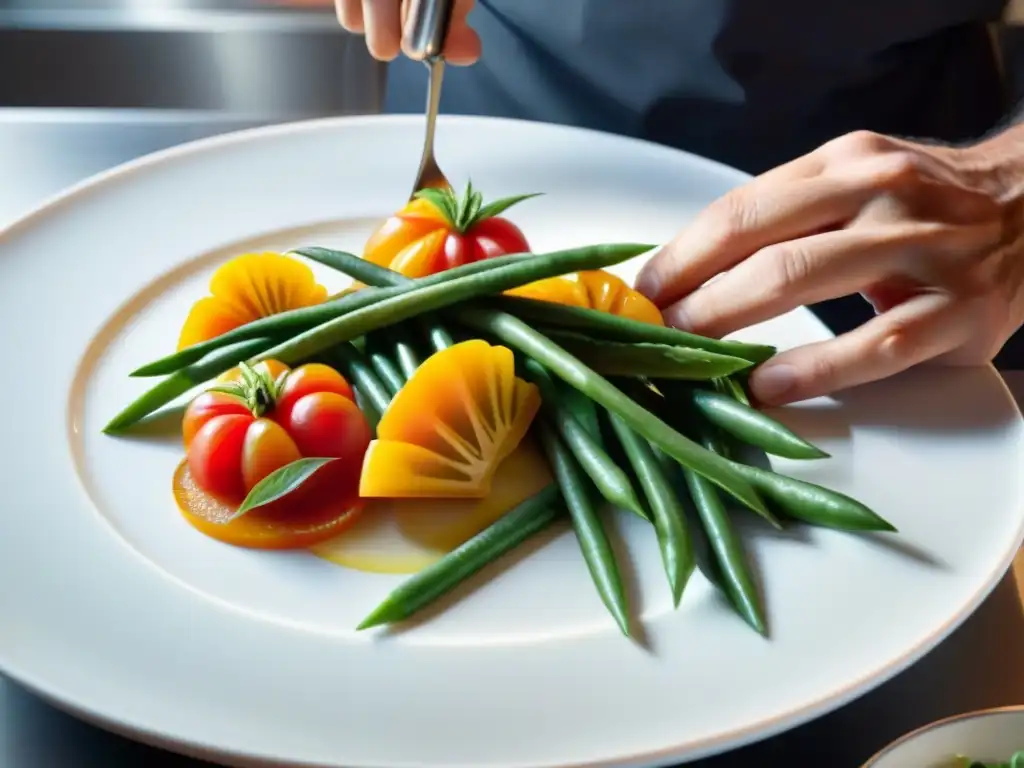 Un chef francés experto en técnicas avanzadas cocina vegetales frescos, creando una obra de arte culinaria con precisión y maestría