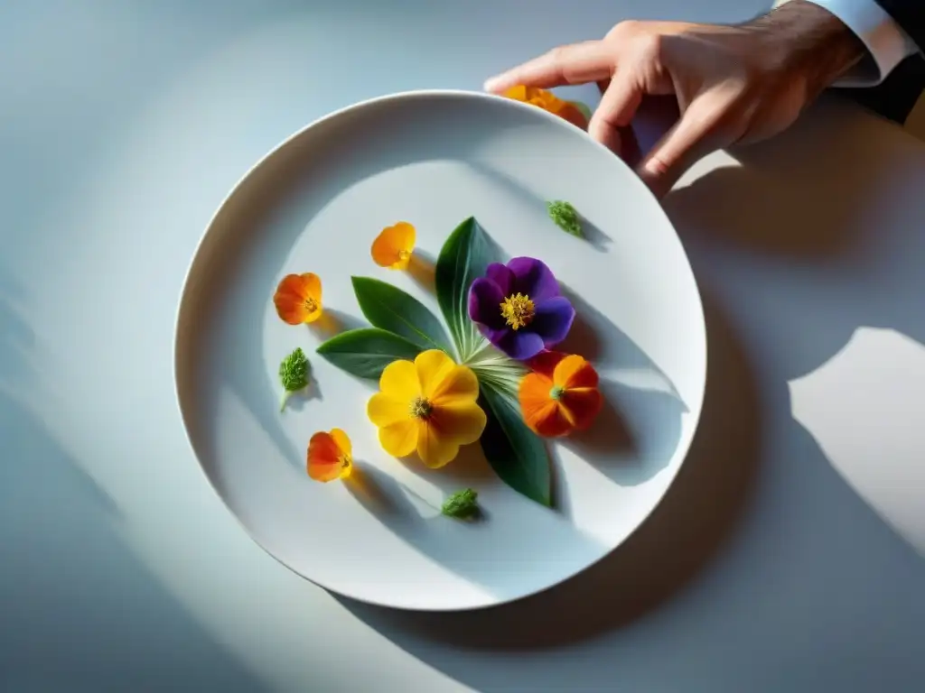 Un chef francés experto en técnicas culinarias precisas arregla flores comestibles con elegancia y precisión en un plato blanco