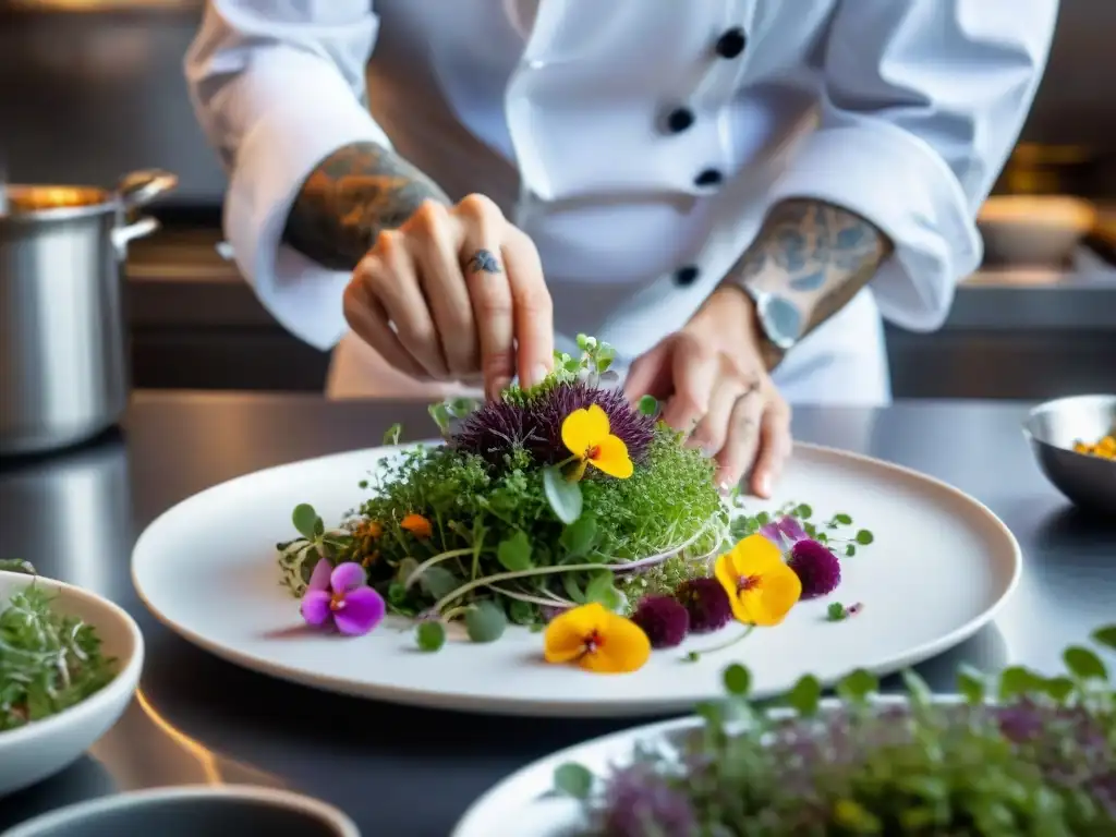 Un chef francés experto en técnicas avanzadas de presentación de platos cuidadosamente colocando microgreens y flores comestibles en un plato, en una cocina profesional