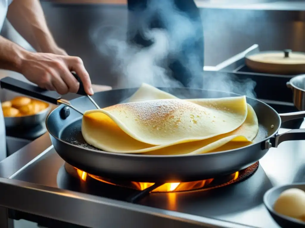 Un chef francés experto en técnicas para hacer crepes perfectas flipando con maestría un crepe dorado en una sartén caliente