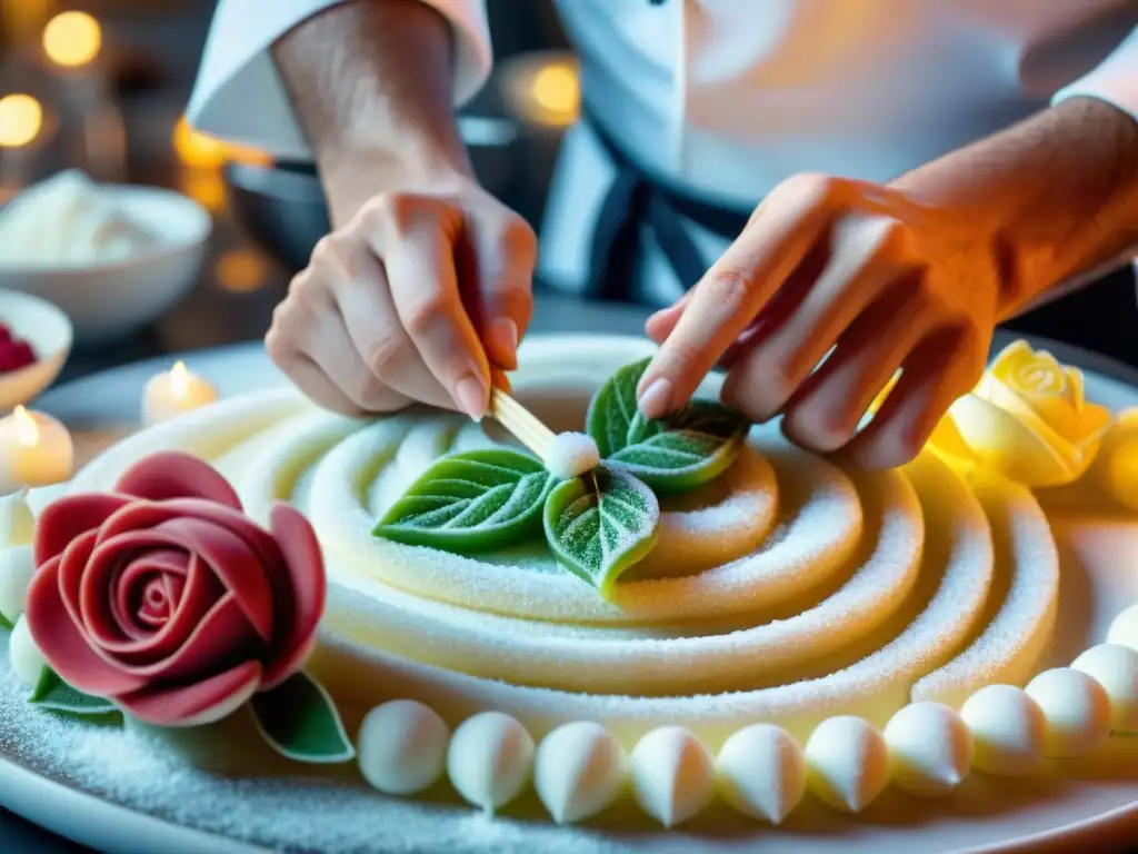 Un chef francés experto en técnicas culinarias moldea detalladas decoraciones de azúcar a mano, mostrando su destreza y arte culinario