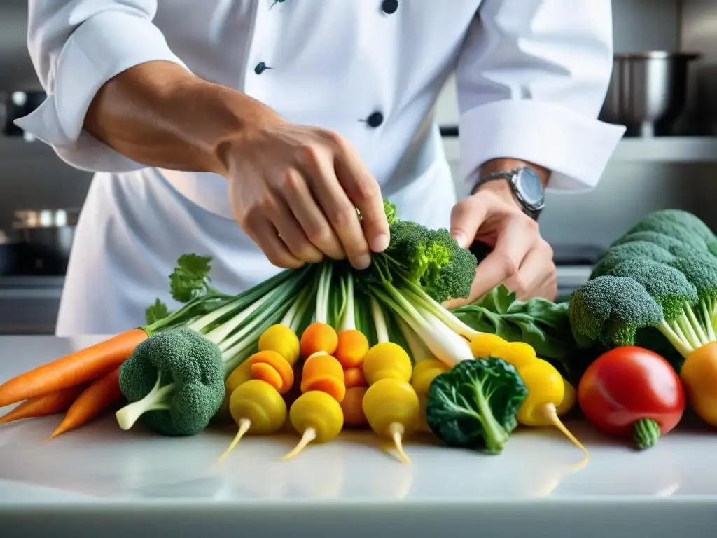 Un chef francés experto en técnicas de tallado de alimentos crea obras de arte comestibles en un bullicioso ambiente de cocina