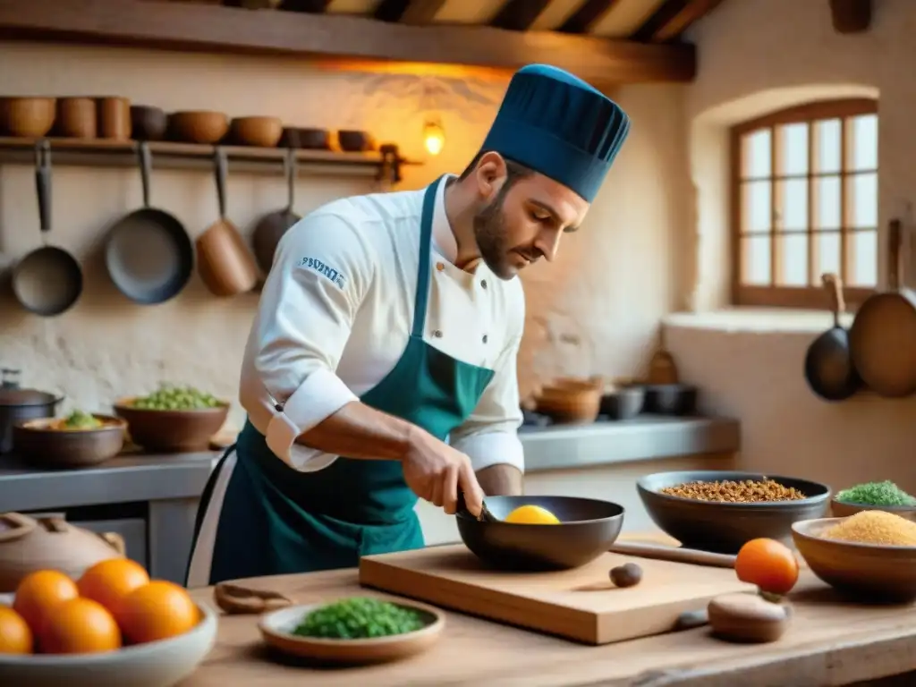 Un chef francés experto en técnicas culinarias ancestrales en Francia preparando un plato tradicional en una cocina rústica