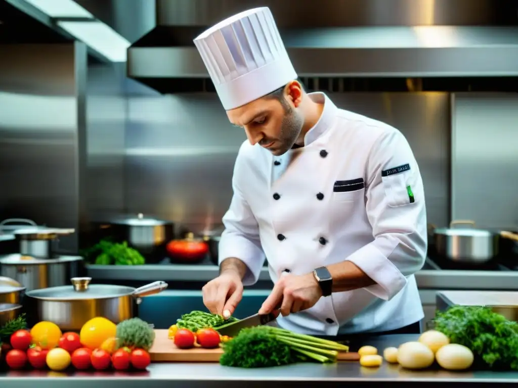 Chef francés experto en técnicas avanzadas de cocina francesa creando un plato elegante en una cocina profesional