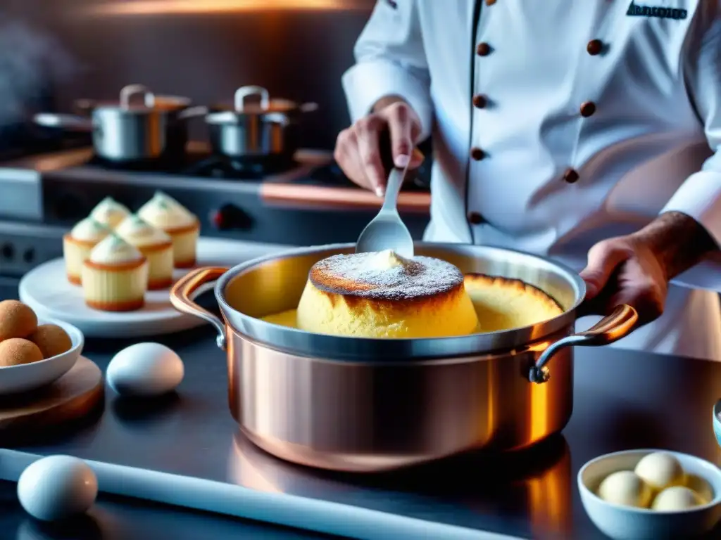 Chef francés experto en técnicas avanzadas de cocina, elaborando un soufflé delicado en una cocina moderna y elegante