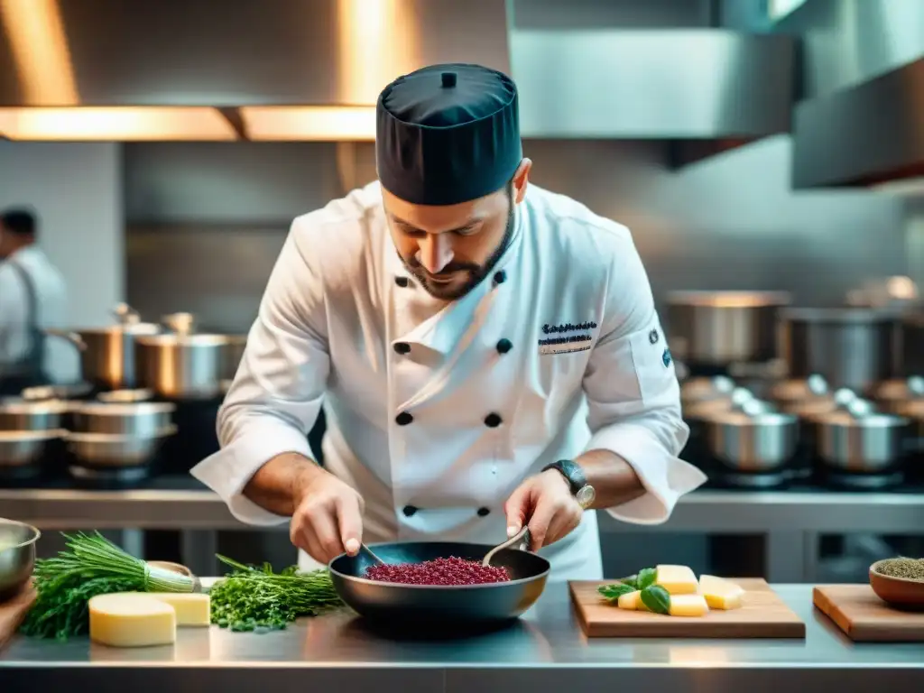 Un chef francés experto en técnicas culinarias francesas innovadoras prepara una salsa con elegancia en una cocina de alta gama