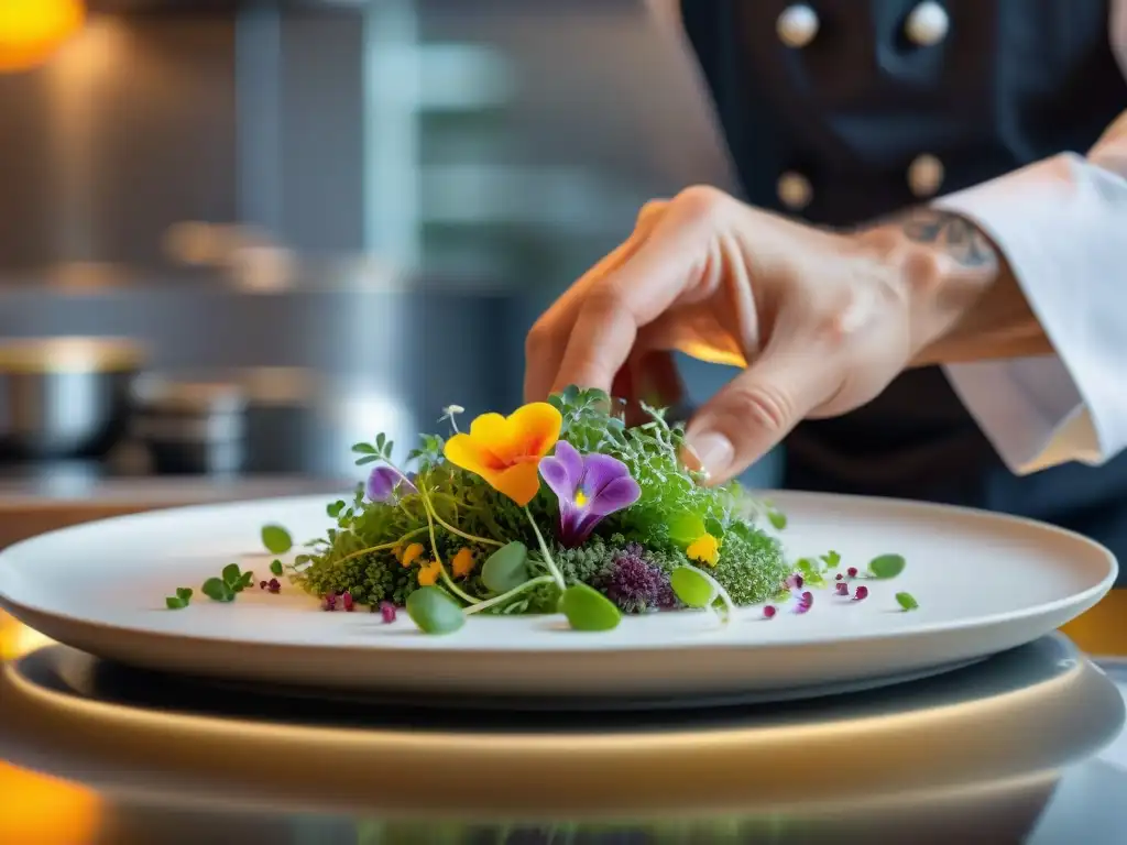 Un chef francés experto en técnicas francesas para presentación arregla microgreens y flores comestibles en un plato, con destreza y arte