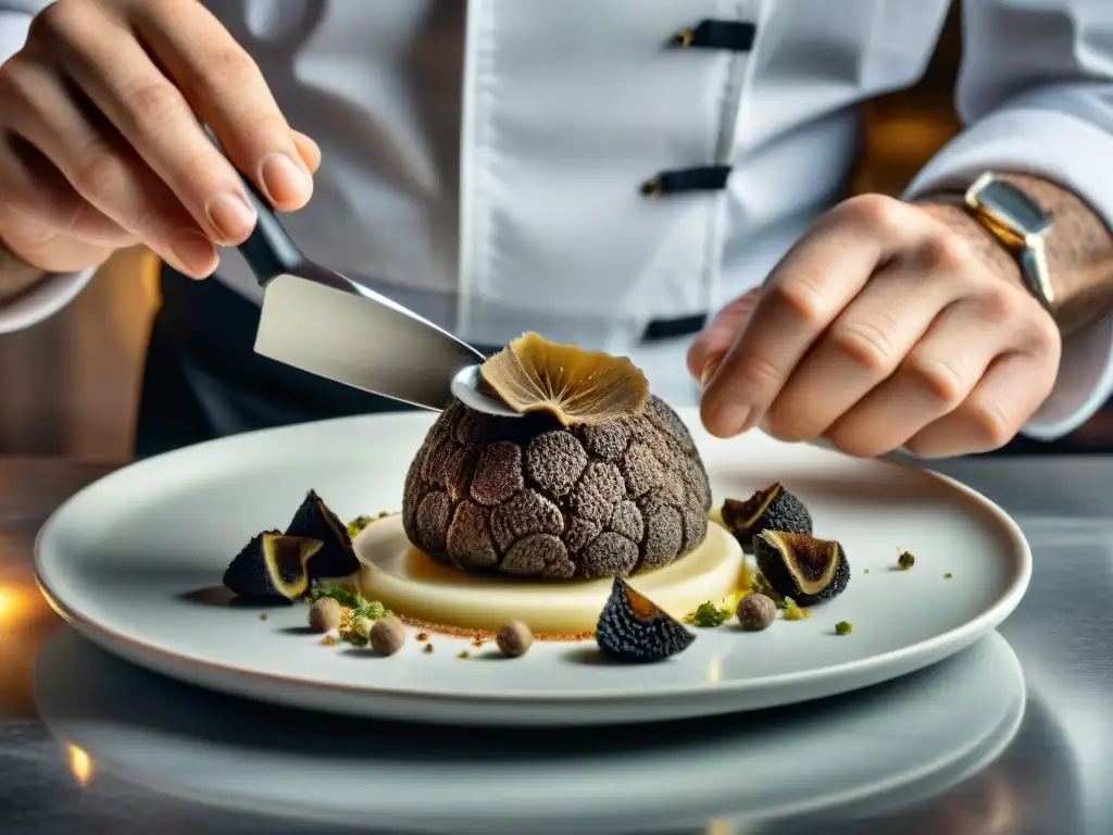 Un chef francés experto en tendencias culinarias trufas francesas, corta finas láminas sobre un exquisito plato en un elegante restaurante