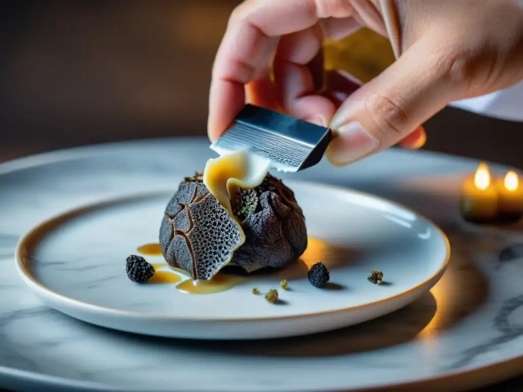 Un chef francés experto en tendencias culinarias trufas francesas, delicadamente rallando una lujosa trufa negra sobre un exquisito plato