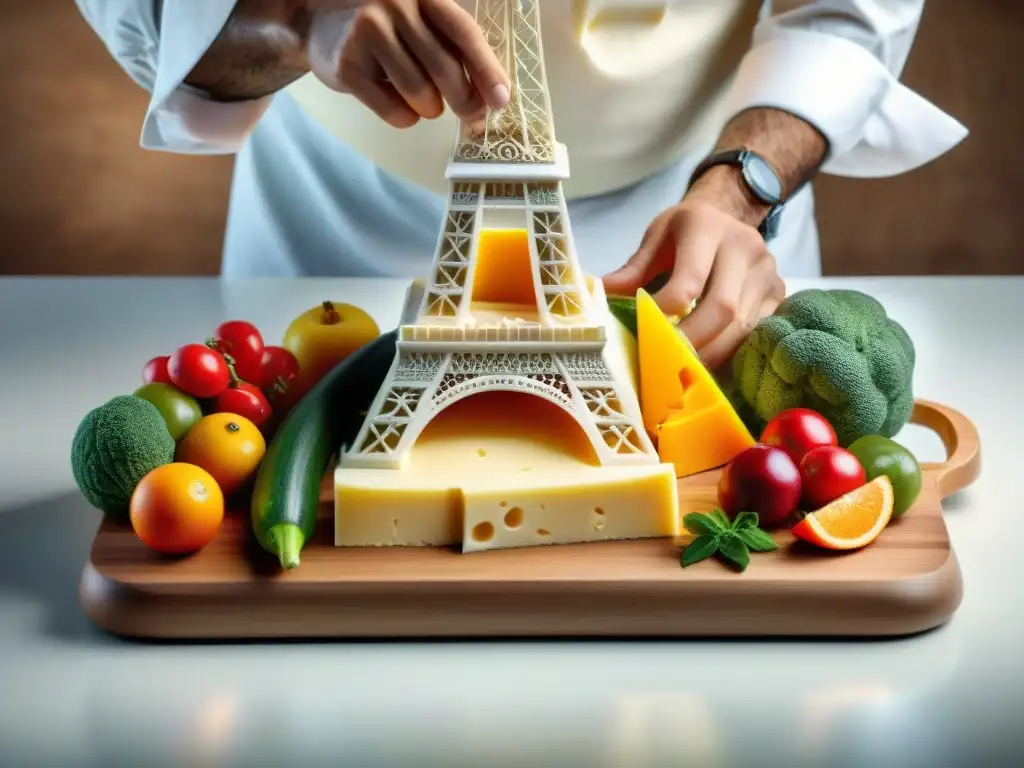 Un chef francés experto tallando la Torre Eiffel en queso rodeado de frutas, verduras y tradición francesa en tallado de alimentos