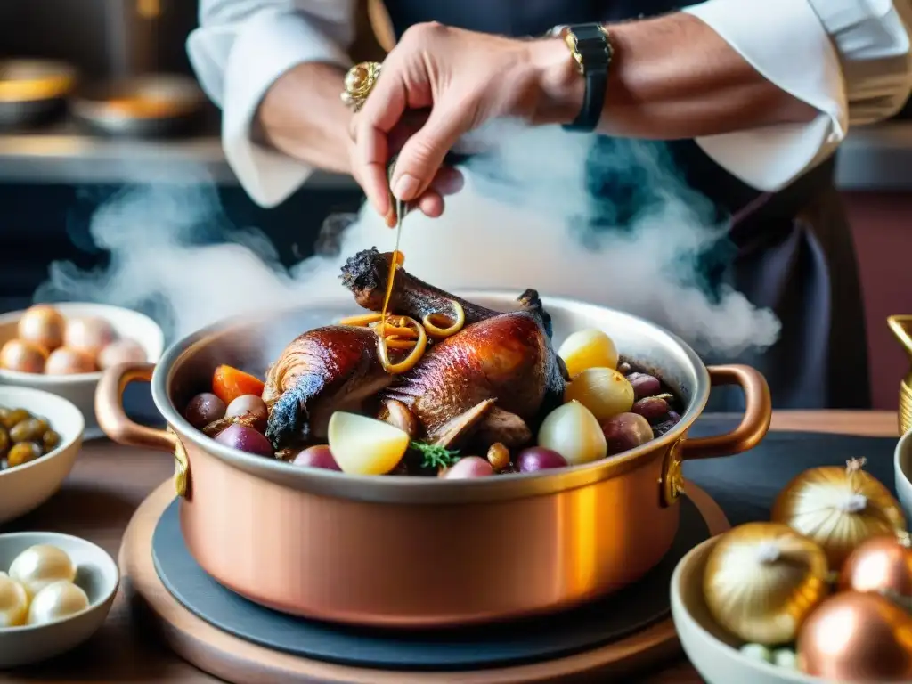 Un chef francés experto prepara un tradicional Coq au Vin en una olla de cobre
