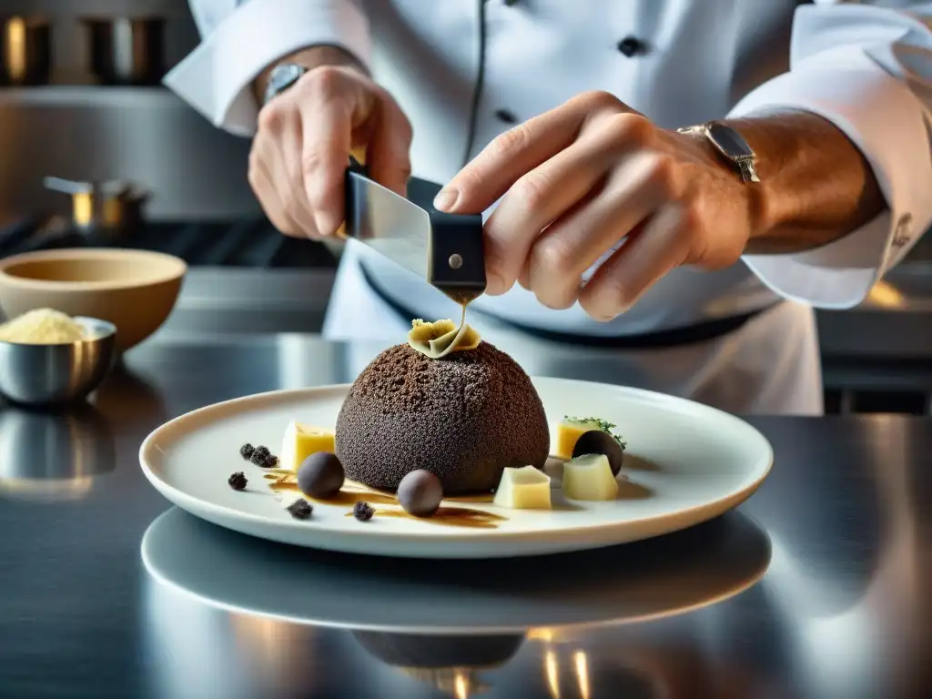 Un chef francés experto en trufa negra Périgord, cortando finas láminas sobre un plato en cocina gourmet