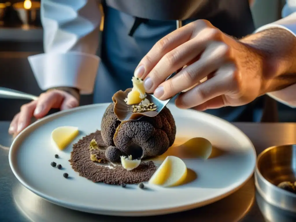 Un chef francés experto conserva trufas gourmet en elegante cocina