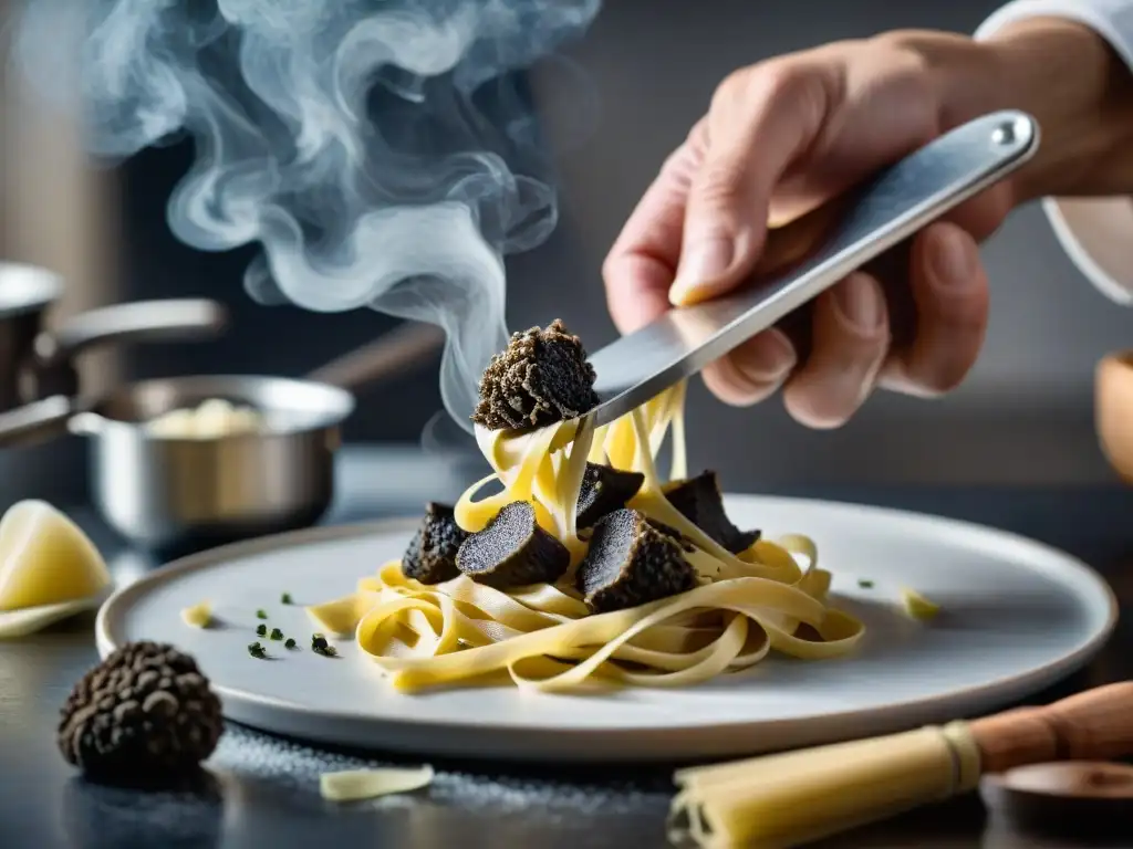 Un chef francés experto en trufas rallando una sobre tagliatelle