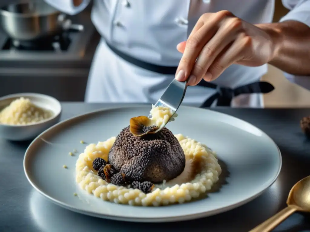 Un chef francés experto en trufas, con destreza, añade finas láminas doradas a un risotto